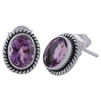 Stunning Twisted Wire Work Around Amethyst Oval Shape 925 Sterling Solid Silver Stud Earrings - R6500654-1