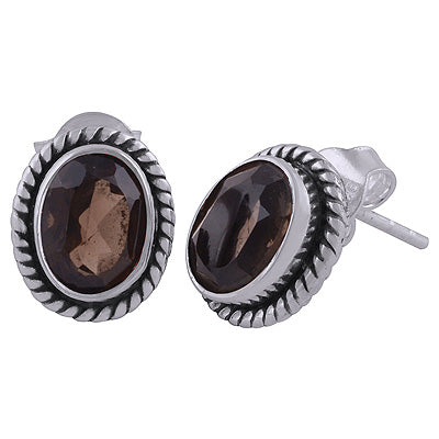 Stunning Twisted Wire Work Around Smoky Topaz Oval Shape 925 Sterling Solid Silver Stud Earrings - R6500654-22
