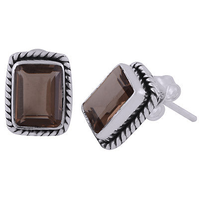 Stunning Twisted Wire Work Around Smoky Topaz Rectangle Shape 925 Sterling Solid Silver Studs Earrings - R6500681-66
