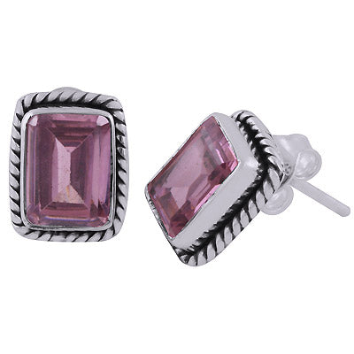 Stunning Twisted Wire Work Around Pink Cubic Zirconia Rectangle Shape 925 Sterling Solid Silver Studs Earrings - R6500681-69