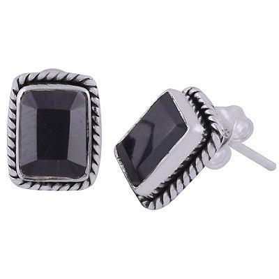 Stunning Twisted Wire Work Around Black Onyx Rectangle Shape 925 Sterling Solid Silver Studs Earrings - R6500681-70