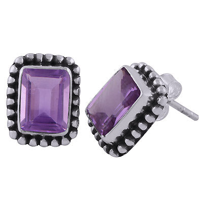 Classic Rawa Work Around Amethyst Rectangle Shape 925 Sterling Solid Silver Studs Earrings - R6500682-61