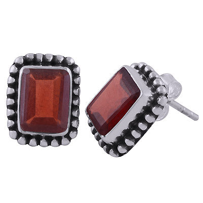 Classic Rawa Work Around Garnet Rectangle Shape 925 Sterling Solid Silver Studs Earrings - R6500682-62