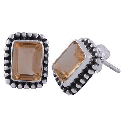 Classic Rawa Work Around Citrine Rectangle Shape 925 Sterling Solid Silver Studs Earrings - R6500682-64