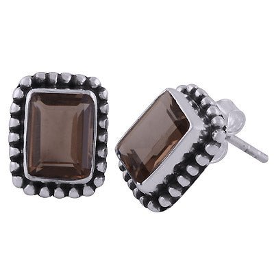 Classic Rawa Work Around Smoky Topaz Rectangle Shape 925 Sterling Solid Silver Studs Earrings - R6500682-66