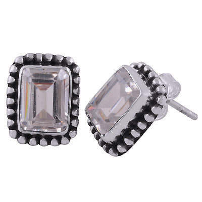 Classic Rawa Work Around White Cubic Zirconia Rectangle Shape 925 Sterling Solid Silver Studs Earrings - R6500682-68