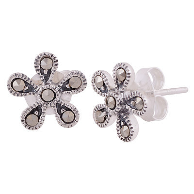 Stunning Flower w/ Gemstone Marcasite Round Shape 925 Sterling Solid Silver Studs Earrings - R6500691-1
