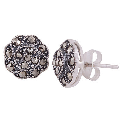 Alluring Studded w/ Gemstone Marcasite Round Shape 925 Sterling Solid Silver Studs Earrings - R6500693-1
