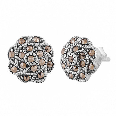 Alluring Studded w/ Gemstone Marcasite Round Shape 925 Sterling Solid Silver Studs Earrings - R6500693-2