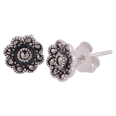 Beautiful Studded w/ Gemstone Marcasite Round Shape 925 Sterling Solid Silver Studs Earrings - R6500694-1
