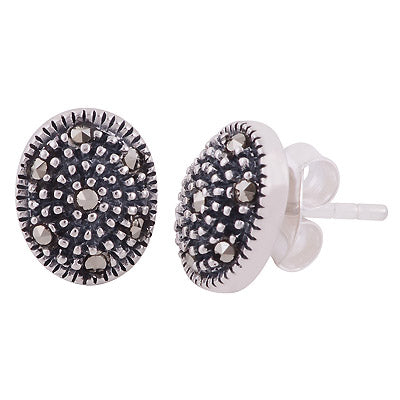 Magnificent Studded w/ Gemstone Marcasite Round Shape 925 Sterling Solid Silver Studs Earrings - R6500695-1
