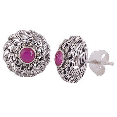 Beautiful Gemstone Studded Around Marcasite,Red Corundum Round Shape 925 Sterling Solid Silver Studs Earrings - R6500696-1