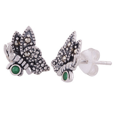 Alluring Butterfly Studded Around Marcasite,Green Corundum Round Shape 925 Sterling Solid Silver Studs Earrings - R6500698-2