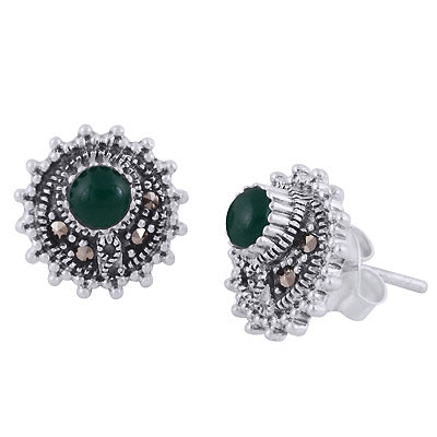 Beautifully Studded Gemstone Marcasite,Green Onyx Round Shape 925 Sterling Solid Silver Studs Earrings - R6500699-3
