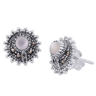 Beautifully Studded Gemstone Marcasite,Mother of Pearl Round Shape 925 Sterling Solid Silver Studs Earrings - R6500699-6