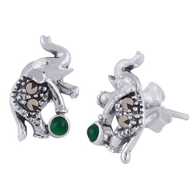 Alluring Elephant Studded w/ Gemstone Marcasite,Green Onyx Round Shape 925 Sterling Solid Silver Studs Earrings - R6500701-3