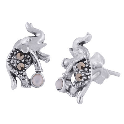 Alluring Elephant Studded w/ Gemstone Marcasite,Mother of Pearl Round Shape 925 Sterling Solid Silver Studs Earrings - R6500701-6