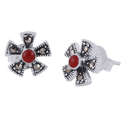 Beautiful Flower Studded w/ Gemstone Marcasite,Carnelian Round Shape 925 Sterling Solid Silver Studs Earrings - R6500703-1