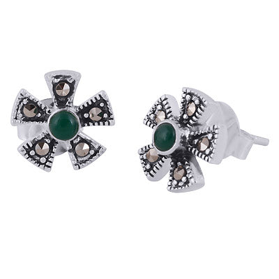 Beautiful Flower Studded w/ Gemstone Marcasite,Green Onyx Round Shape 925 Sterling Solid Silver Studs Earrings - R6500703-2