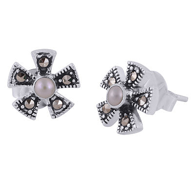Beautiful Flower Studded w/ Gemstone Marcasite,Pearl Round Shape 925 Sterling Solid Silver Studs Earrings - R6500703-4