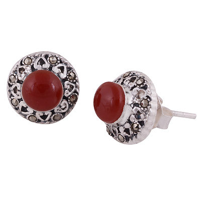 Magnificent Flower Studded w/ Gemstone Marcasite,Carnelian Round Shape 925 Sterling Solid Silver Studs Earrings - R6500704-2