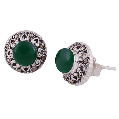 Magnificent Flower Studded w/ Gemstone Marcasite,Green Onyx Round Shape 925 Sterling Solid Silver Studs Earrings - R6500704-3