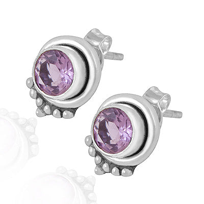 Stunning Rawa Work Around Amethyst Round Shape 925 Sterling Solid Silver Studs Earrings - R6500719-1