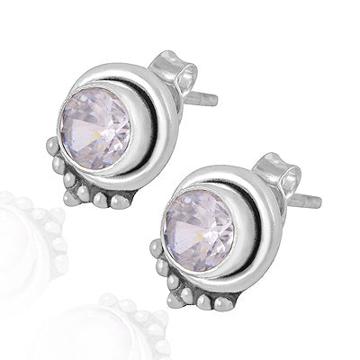 Stunning Rawa Work Around White Cubic Zirconia Round Shape 925 Sterling Solid Silver Studs Earrings - R6500719-13