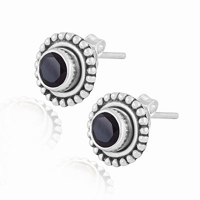 Gorgeous Oxidised Rawa Work Around Black Onyx Round Shape 925 Sterling Solid Silver Studs Earrings - R6500720-12