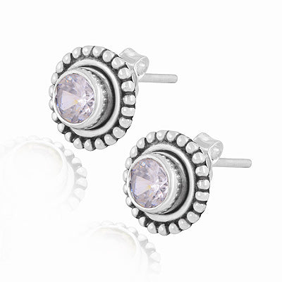 Gorgeous Oxidised Rawa Work Around White Cubic Zirconia Round Shape 925 Sterling Solid Silver Studs Earrings - R6500720-13