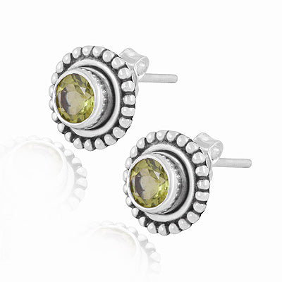 Gorgeous Oxidised Rawa Work Around Peridot Round Shape 925 Sterling Solid Silver Studs Earrings - R6500720-3