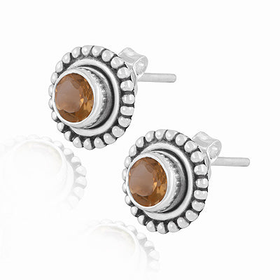 Gorgeous Oxidised Rawa Work Around Citrine Round Shape 925 Sterling Solid Silver Studs Earrings - R6500720-4