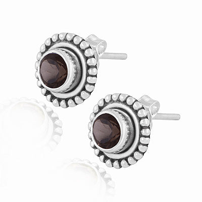Gorgeous Oxidised Rawa Work Around Smoky Topaz Round Shape 925 Sterling Solid Silver Studs Earrings - R6500720-7