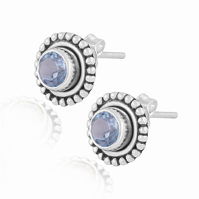 Gorgeous Oxidised Rawa Work Around Blue Topaz Round Shape 925 Sterling Solid Silver Studs Earrings - R6500720-8