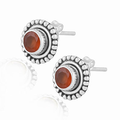 Gorgeous Oxidised Rawa Work Around Carnelian Round Shape 925 Sterling Solid Silver Studs Earrings - R6500720-9