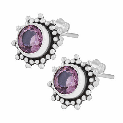Gorgeous Rawa Work Pattern Around Amethyst Round Shape 925 Sterling Solid Silver Stud Earrings - R6500721-1