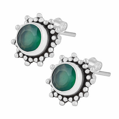 Gorgeous Rawa Work Pattern Around Green Onyx Round Shape 925 Sterling Solid Silver Stud Earrings - R6500721-10