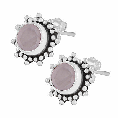 Gorgeous Rawa Work Pattern Around Rose Quartz Round Shape 925 Sterling Solid Silver Stud Earrings - R6500721-11