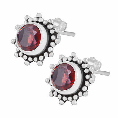 Gorgeous Rawa Work Pattern Around Garnet Round Shape 925 Sterling Solid Silver Stud Earrings - R6500721-2