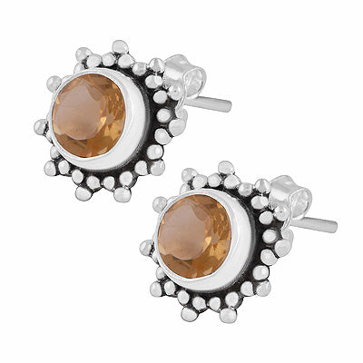 Gorgeous Rawa Work Pattern Around Citrine Round Shape 925 Sterling Solid Silver Stud Earrings - R6500721-4