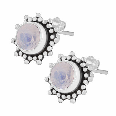 Gorgeous Rawa Work Pattern Around Rainbow Moonstone Round Shape 925 Sterling Solid Silver Stud Earrings - R6500721-5