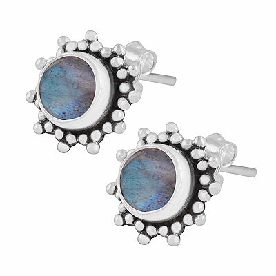 Gorgeous Rawa Work Pattern Around Labradorite Round Shape 925 Sterling Solid Silver Stud Earrings - R6500721-6