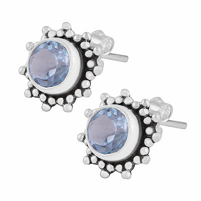 Gorgeous Rawa Work Pattern Around Blue Topaz Round Shape 925 Sterling Solid Silver Stud Earrings - R6500721-8