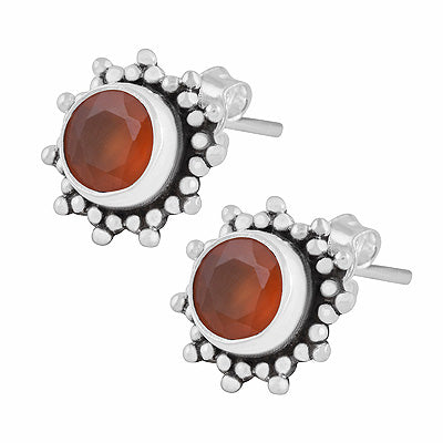 Gorgeous Rawa Work Pattern Around Carnelian Round Shape 925 Sterling Solid Silver Stud Earrings - R6500721-9