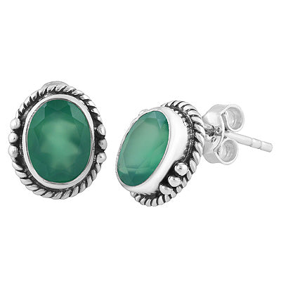 Stunning Twisted Wire And Rawa Work Green Onyx Oval Shape 925 Sterling Solid Silver Stud Earrings - R6500723-10