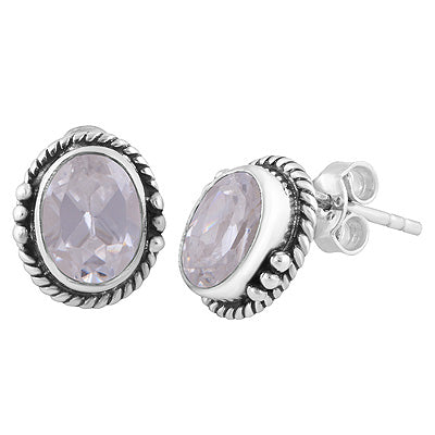 Stunning Twisted Wire And Rawa Work White Cubic Zirconia Oval Shape 925 Sterling Solid Silver Stud Earrings - R6500723-13