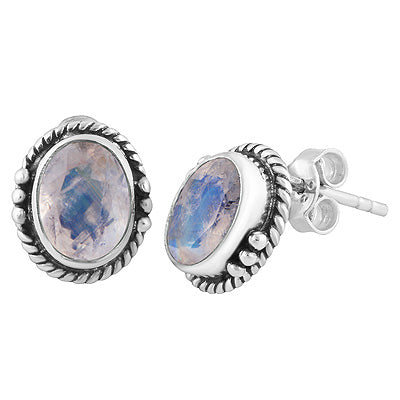 Stunning Twisted Wire And Rawa Work Rainbow Moonstone Oval Shape 925 Sterling Solid Silver Stud Earrings - R6500723-5