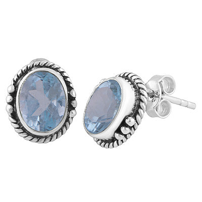 Stunning Twisted Wire And Rawa Work Blue Topaz Oval Shape 925 Sterling Solid Silver Stud Earrings - R6500723-8