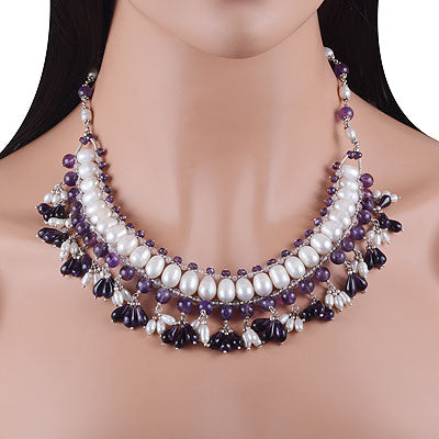 Stunning Studded With Gemstones Amethyst,Pearl,Rose Quartz Irregular Shape 925 Sterling Solid Silver Necklace - R6800000-133
