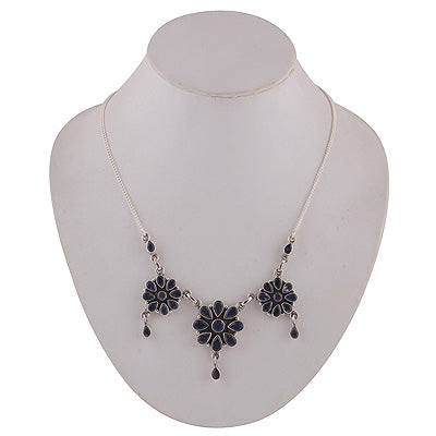 Gorgeous Flower Made out of Iolite Pear,Round Shape 925 Sterling Solid Silver Necklace - R6800004-2